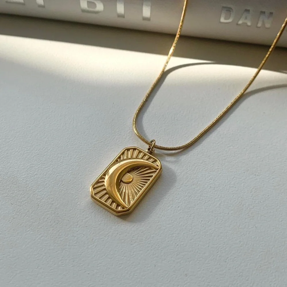 Star and moon necklace, rectangle pendant necklace, layered necklace,
